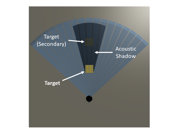 Wider shadow produced by a target closer to the sonar and obscuring the secondary target