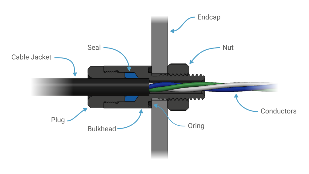 Cross section of a WetLink Penetrator installed through an end cap.