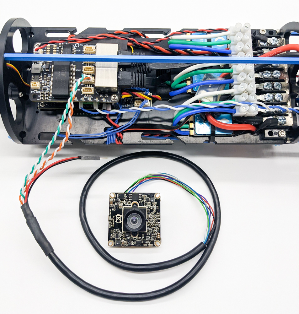 IP camera cable spliced with a JST-GH twisted pair cable and connected to the Ethernet Switch.